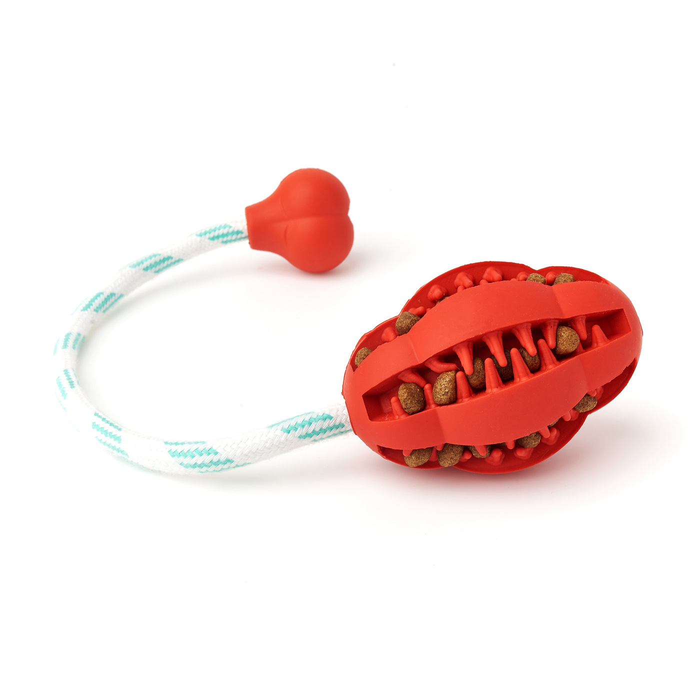 Развивающая игрушка для собак, мяч оливка с канатом «Чистые Клыки», «Играй Гуляй», цвет: красный, 8 см х 8 см х 28 см